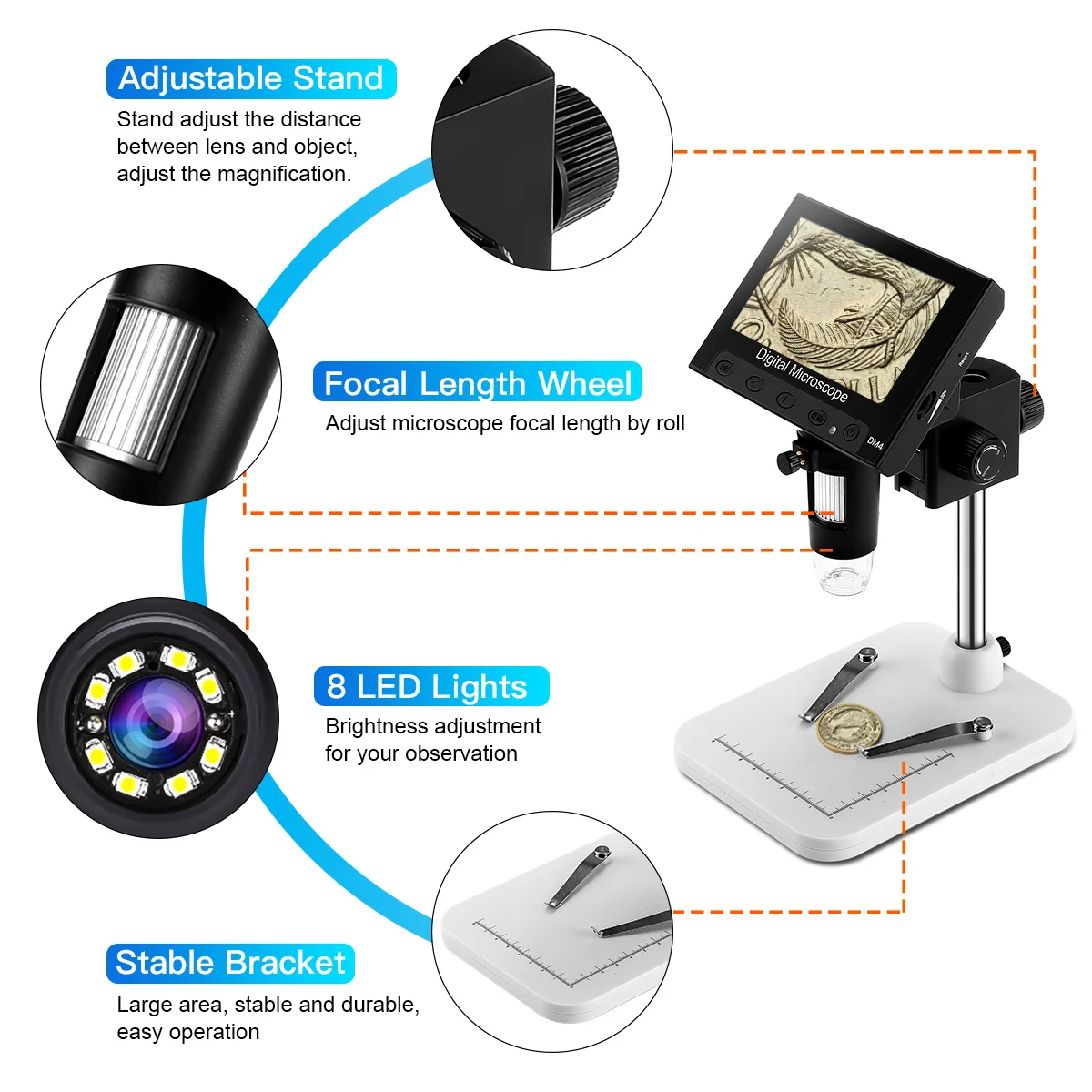 4,3-calowy wyลwietlacz LCD HD 720P DM4 1000X Zoom Mikroskop cyfrowy Endoskop Nagrywanie z 8 diodami LED Stojak do naprawy lutowania