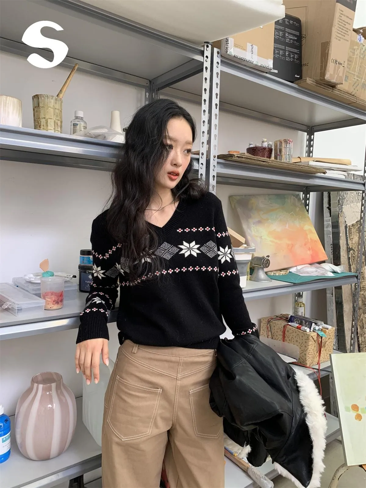 

Autumn Winter Women's V-Ne Long Sve Knitted Sweater Inner Wear Base Layer Top Soft Comfortable Commute Sle School Life