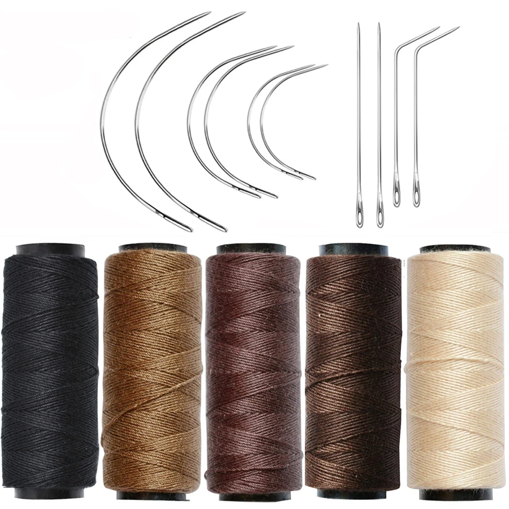 5pcs Hair Weaving Threads with 10Pcs C/J/I/ Shaped Needles Sewing Waxed Thread for Hand Sewing, Hair Extensions, Making Wigs DIY