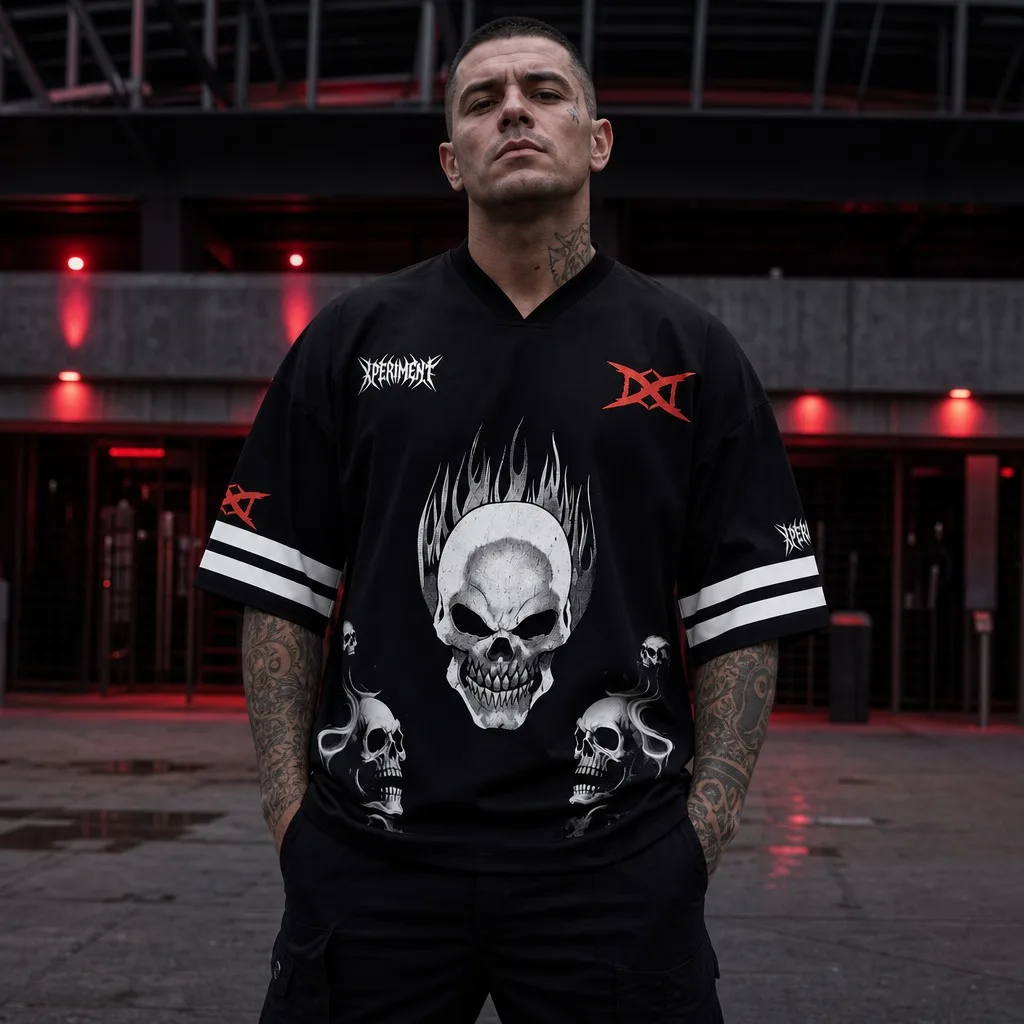 Black Street Wrestling V-neck Short Sleeved Skull Flame Print Gothic Skull Style Casual Sports Wrestling Fan T-shirt