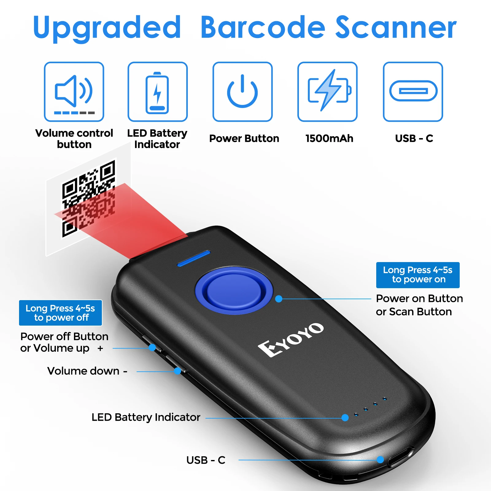 Eyoyo EY-023 Draagbare Bluetooth 2d Qr Image Pdf417 Scherm Scanner Lezer Draadloze 1d Laser Barcode Scanner Windows/Android/Ios