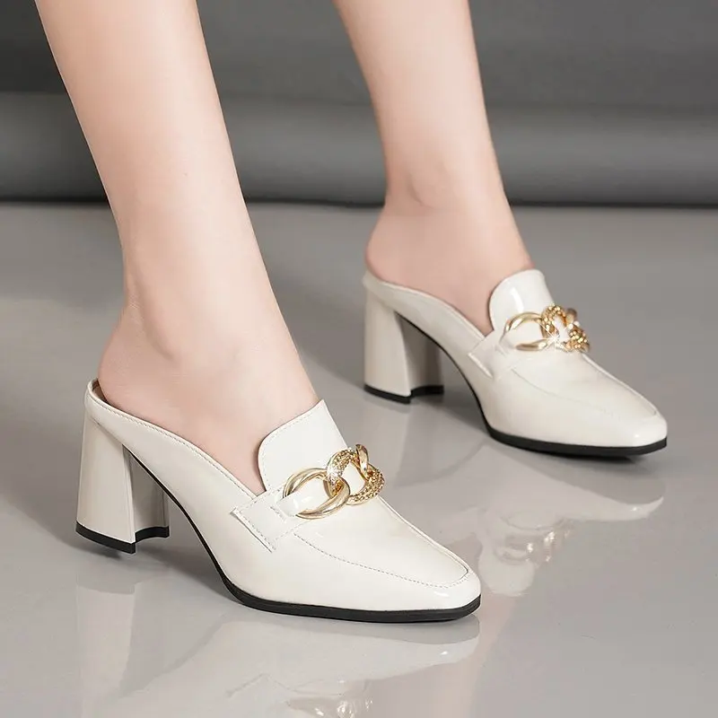 2024 Women\'s High Heels Spring New Chain Decorate Square Toe Women Shoes Females Fashion Slip on Thick Heel Mary Janes Shoes