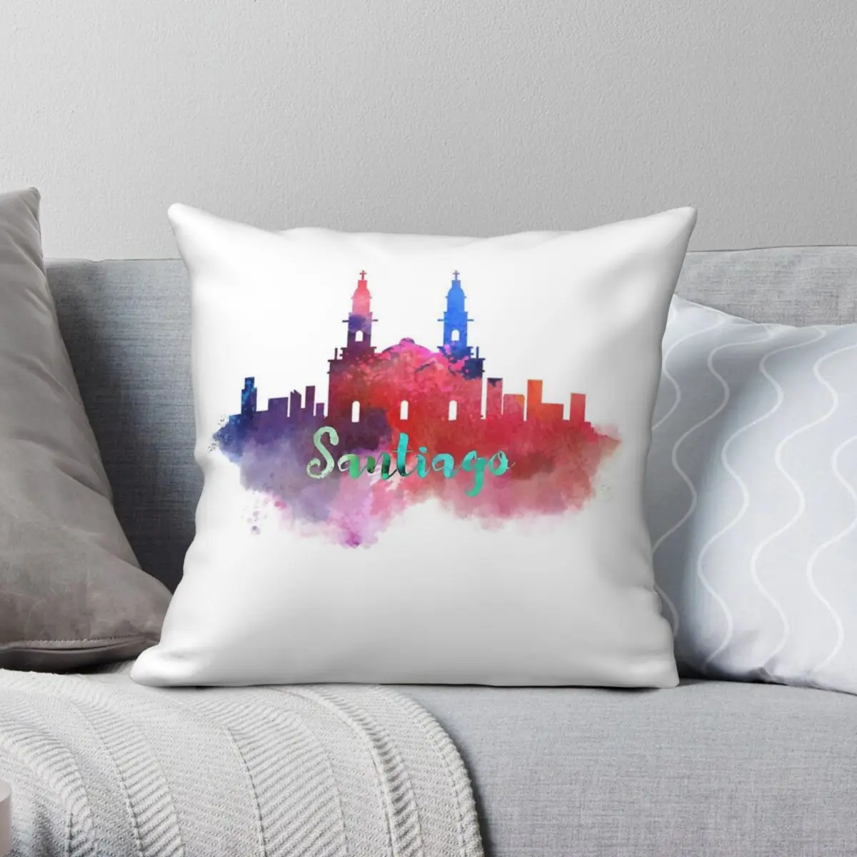 Квадратная наволочка Santiago City Skyline, полиэстер, лен, бархатный узор, декоративная наволочка на молнии, чехол для диванной подушки 45x45