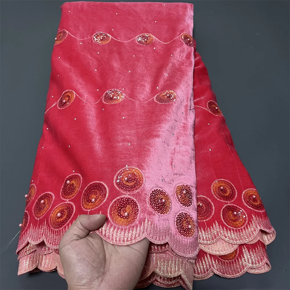 

High-Quality African Nigerian velvet lace fabric Sequins Beads Guipure Sewing Wedding Party Dress Bridal Gown Material 5yards
