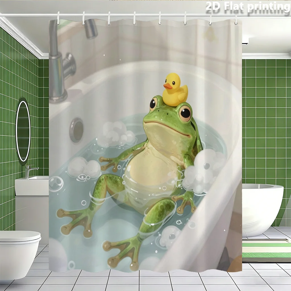 Funny Cartoon Frog and Duck Shower Curtain Waterproof Bathroom Liner Kids Novelty Pond Animal Print Home Decor Accessory view 5