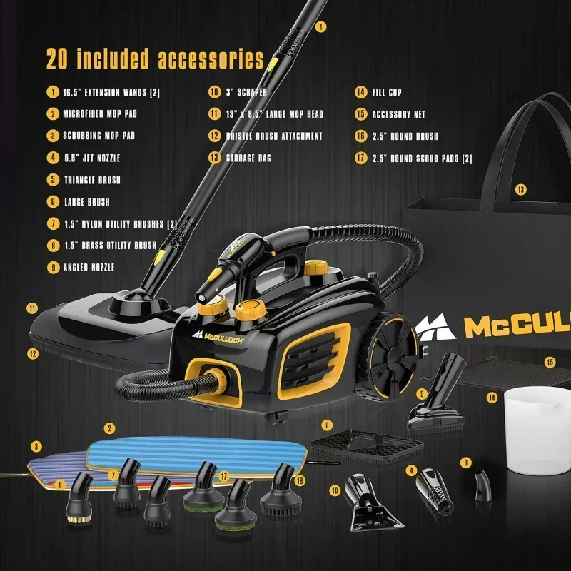 QWMcCulloch MC1375 Canister Steam Cleaner with 20 Accessories,Extra-Long Power Cord,Chemical-Free Cleaning for Most Floor,Counte