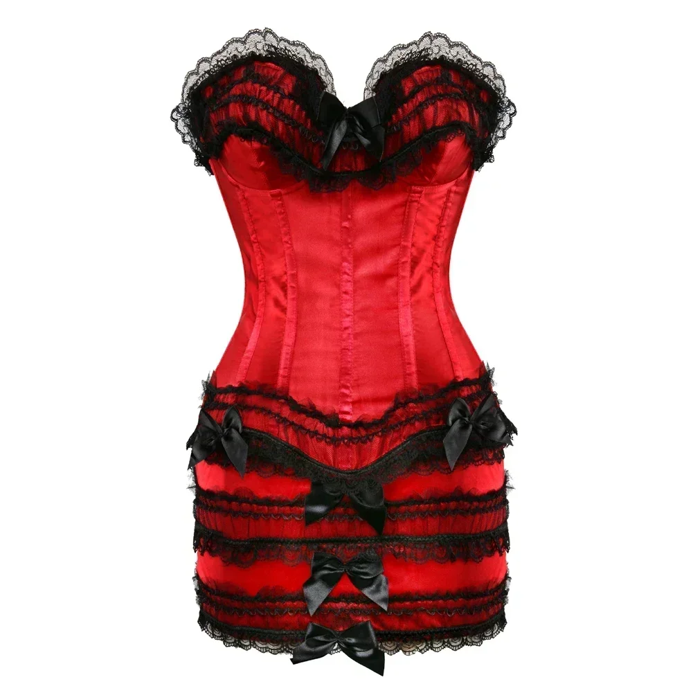 Women Corset Mini Skirt Satin Bustiers Lace Up Boned Busiter Zip Corsage Corsage with Lace Trim and Bow Costumes Plus Size