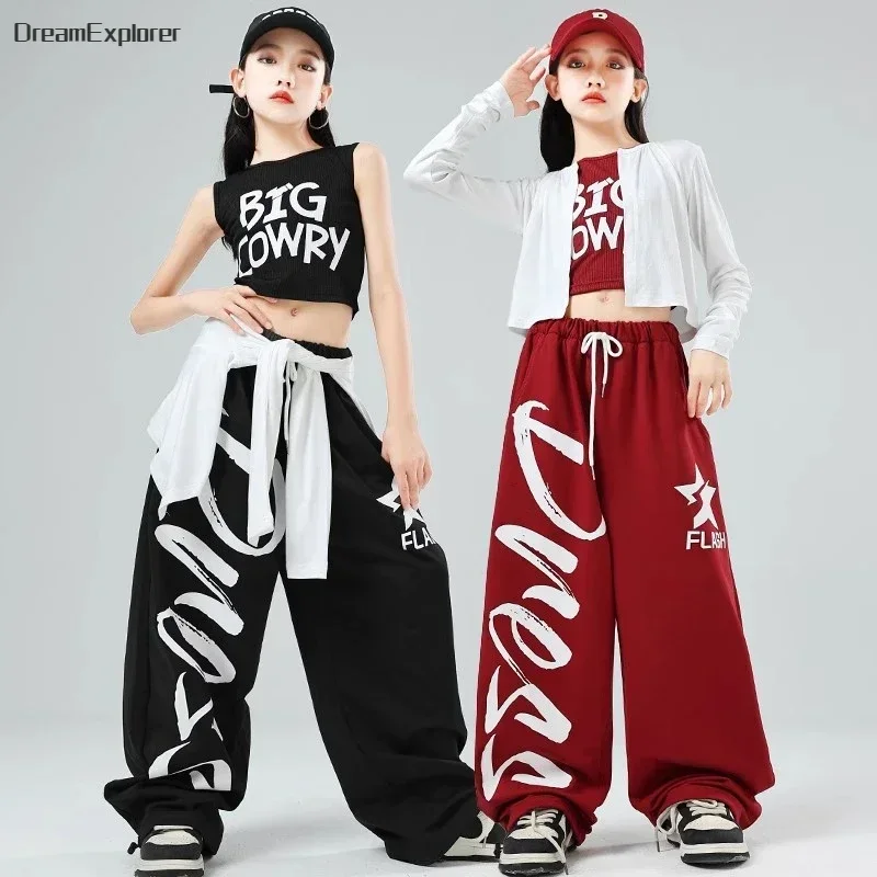 Hip Hop Girls Crop Top Cardigan Street Dance Letter Joggers Pants Kids Streetwear Loose Sweatpants Child Jazz K-pop Clothes Sets