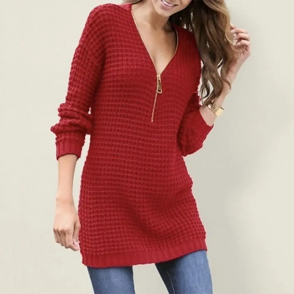 Women Sweater Dress Zipper V Neck Solid Color Slim Fit Pullover Long Sleeve Commute Style Lady Knitted Mid Length Mini Dress