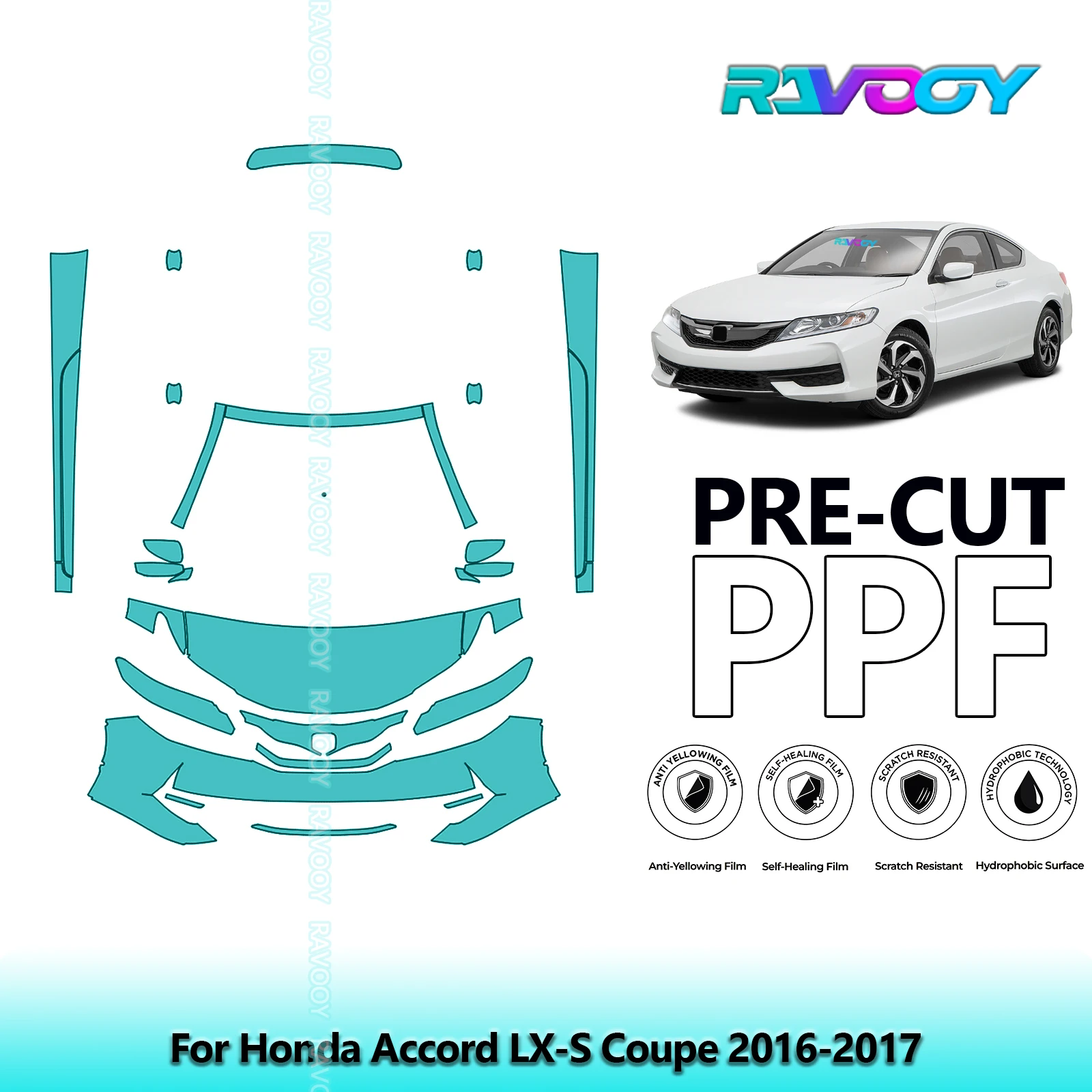 For Honda Accord LX-S Coupe 2016-2017 Partial Front+Rockers Pre-Cut Paint Protection Film PPF Stone Chip Kit | Clear/Matte/Black