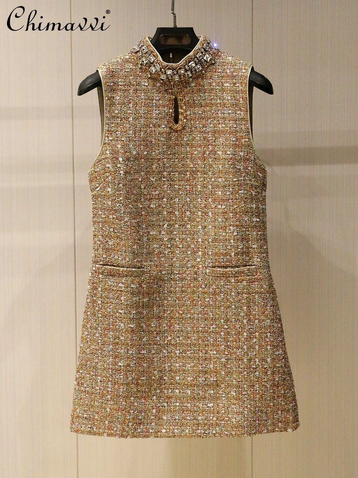 

High Fashion Sleeveless Heavy Beaded High Waist Vest A-line Dress Summer New Elegant Banquet Party Luxury Short Women's Dress