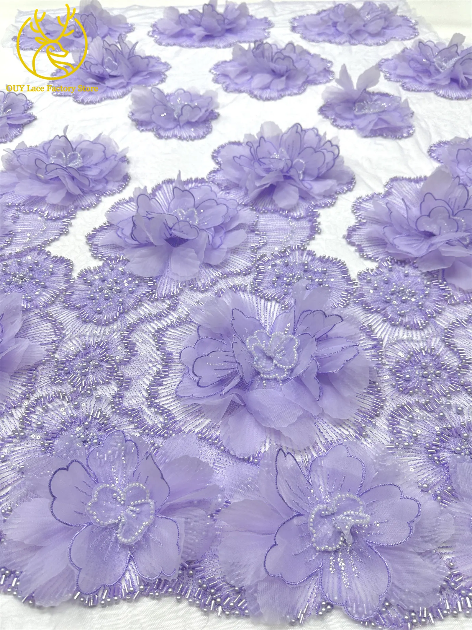 Hochwertige Exquisite 3D-Stickerei Blumen-Tüllspitze Hochwertige Afrikanische Perlen-Pailletten-Spitze Französischer Tüll Hochzeitskleid-Stoff – Detail 7