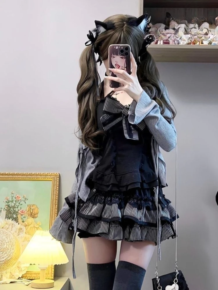 Y2k القوطية الزي النساء ثقافة فرعية لطيف القوس مجموعة فستان الحلو الجرونج المحاصيل القمم + ميدي تنورة موضة الحلو الأمريكية E-girl الخريف #3