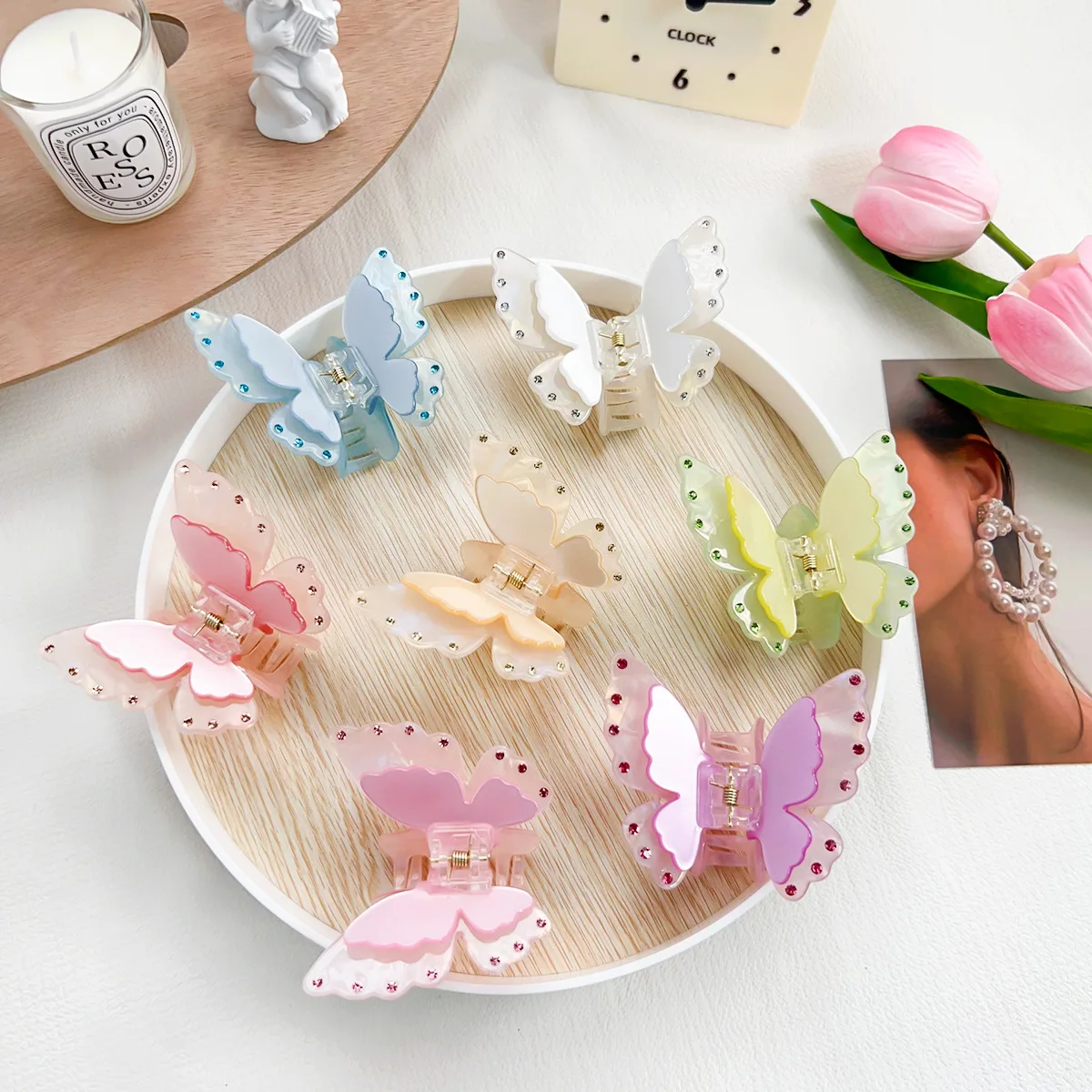 French Retro Double Layer Rhinestone Butterfly Hair Clips Elegant Fairy-like Acetate Claw Clips Barrette Headdress