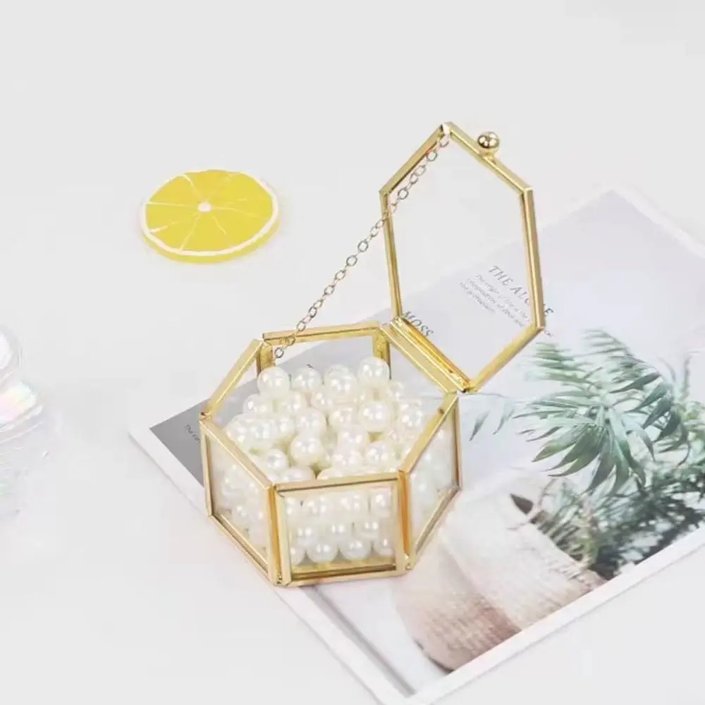 Organizer Gold Hexagonal Ring Box Hexagon Geometric Luxurious Jewelry Accessory Box Glass Retro Ring Box Jewelry Storage
