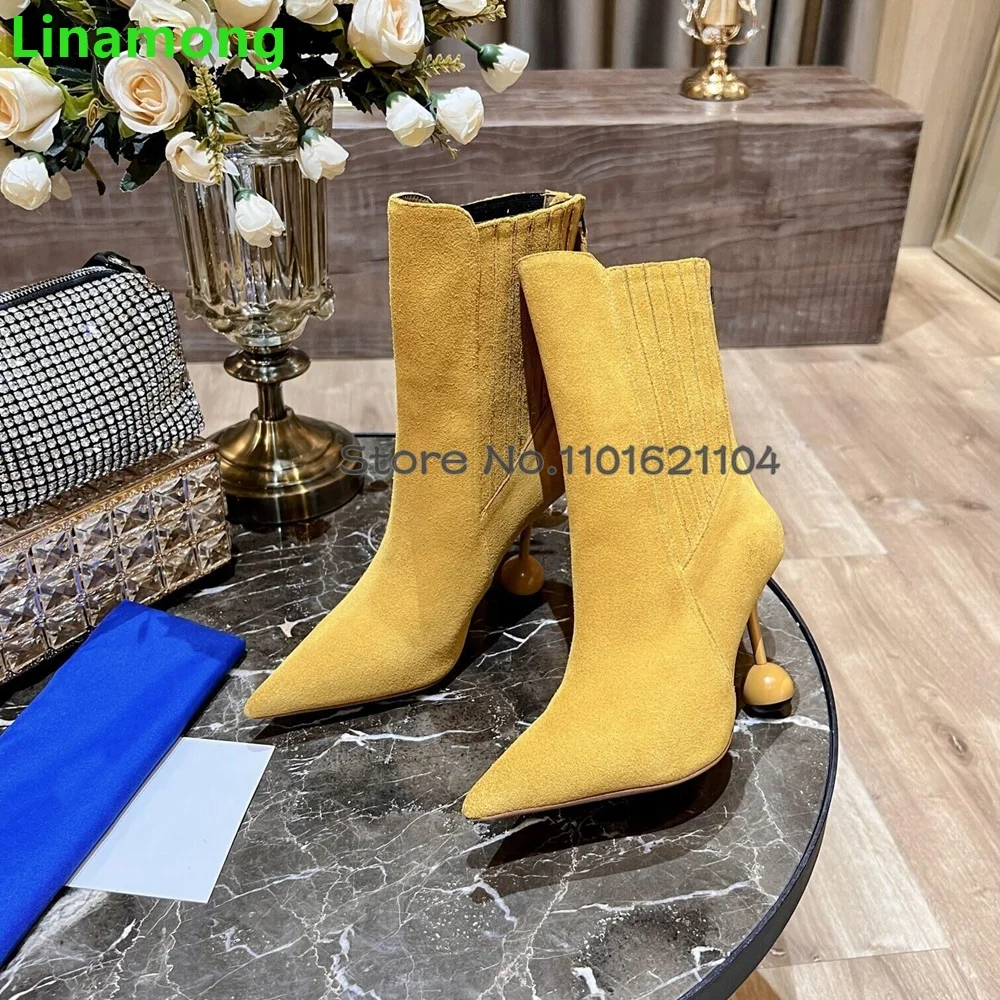 Pointed Toe Strange Ball Heel Boots For Female Women 2024 Winter New Ankle High Frosted Leather Back Zip Solid Elegant Shoes image 6