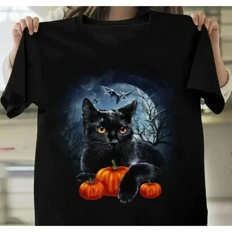Vintage Cute Cat And Pumpkin Moon Night Funny Halloween T Shirt Size S 5XL