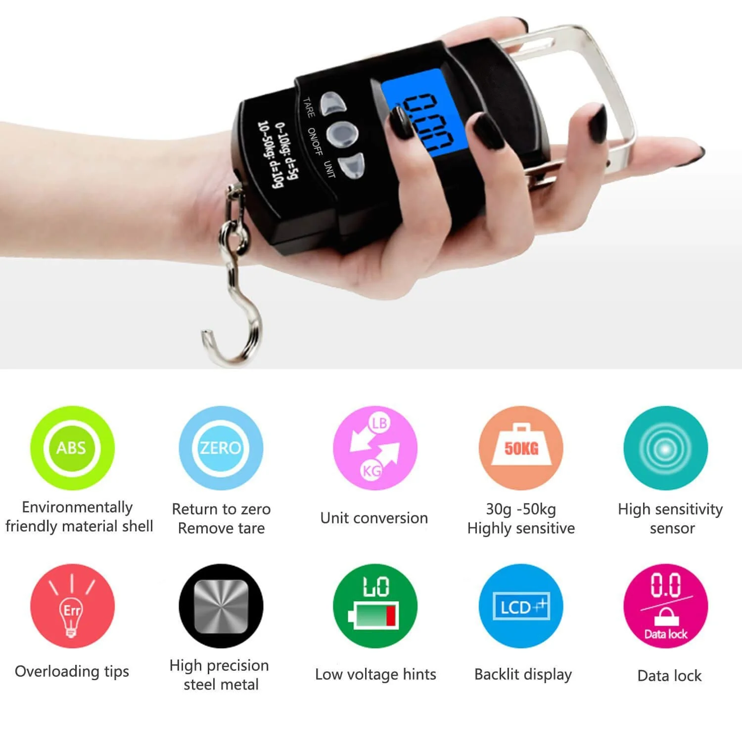 FLYSAND Electronic Scale Backlit LCD Display 110lb/50kg with Measuring Tape Balance Digital Fishing Hanging Hook Scale Tool image 6