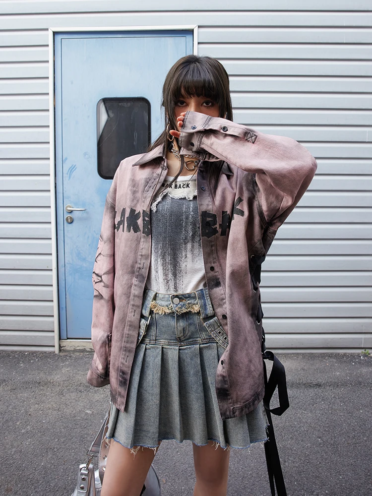 Washed Vintage American Style Women's Long Shirt Jacket Denim Outerwear Spring Autumn Cotton Loose Fit Button up Top