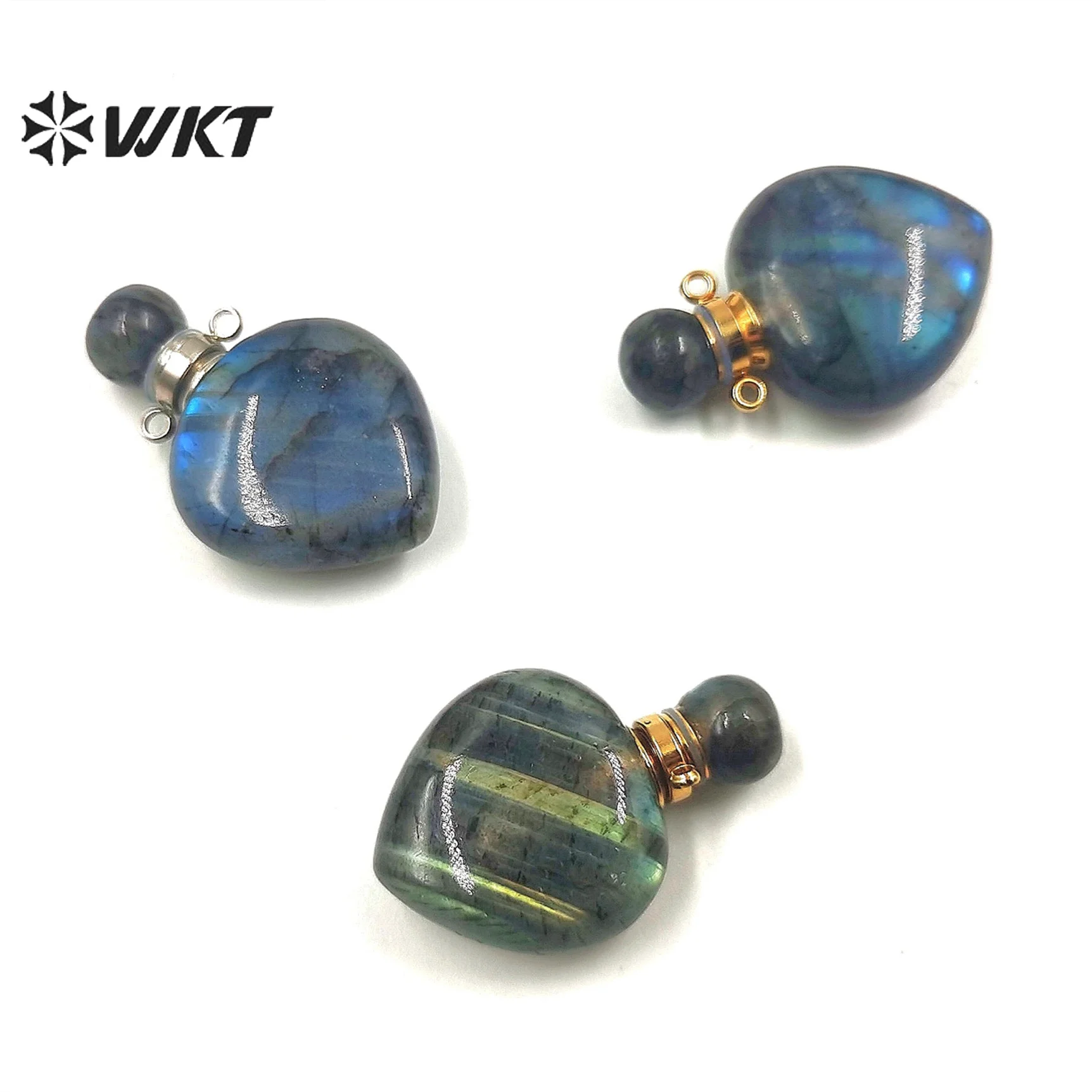 WT-P1796 Wholesale Natural Labradorite Stone Perfume Bottle Pendant With Gold Plated Heart Shape Double Hoops For Necklace DIY