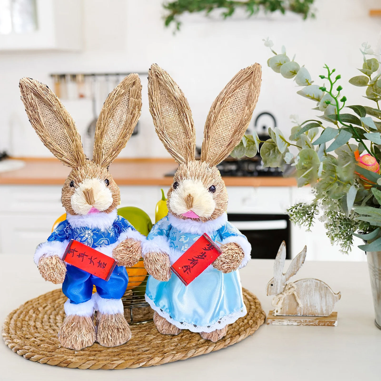 

2pcs Easter Rabbit Grass Weaving Rabbit Floor Decoration for Garden Balcony Interior Decoration 35cm