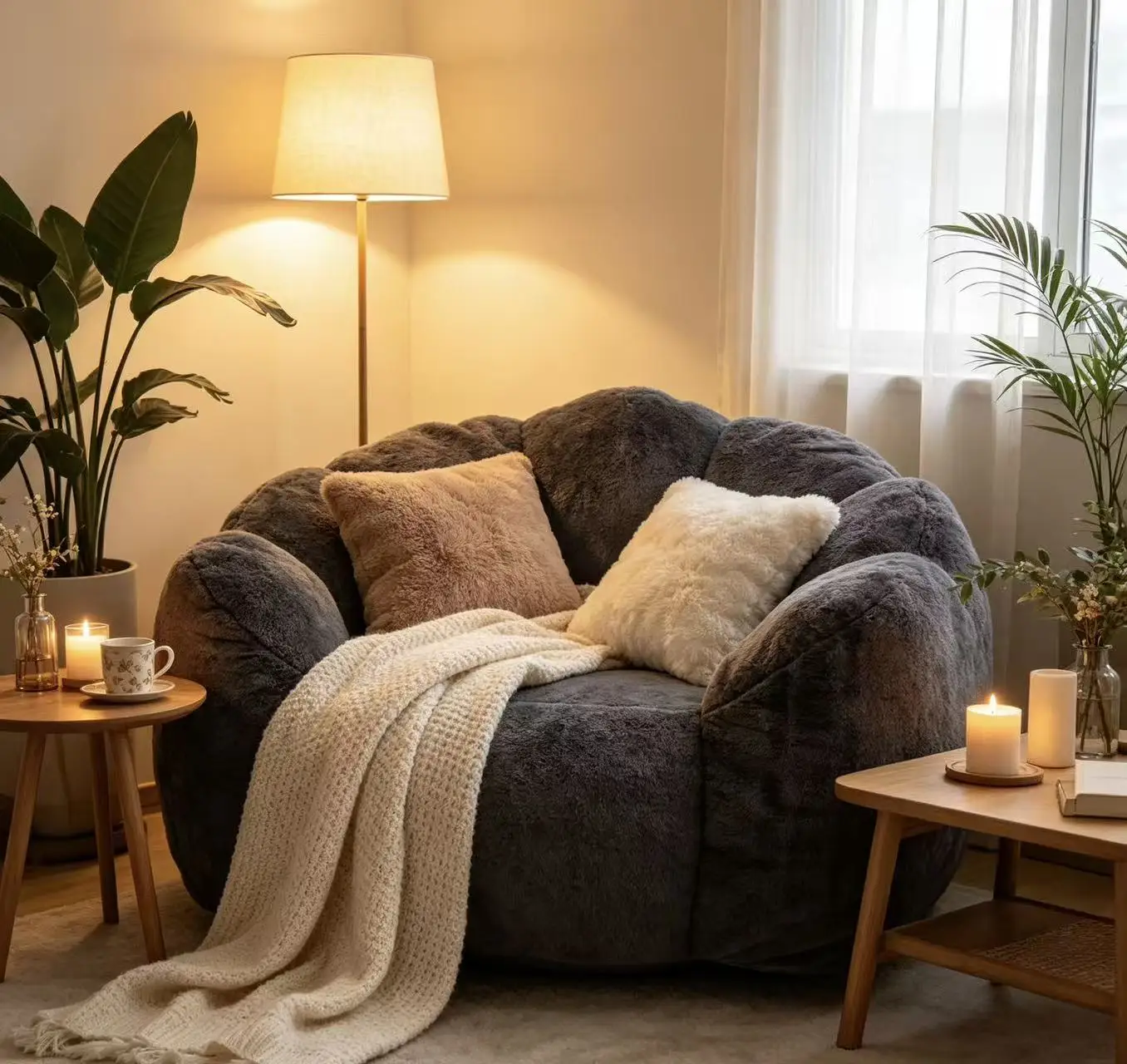 Large Petal Cloud Lounge Chair, Artificial Rabbit Velvet Lazy Sofa, Cozy Wrap-Arm Single Seat for Bedroom, Living Room & Gaming view 5