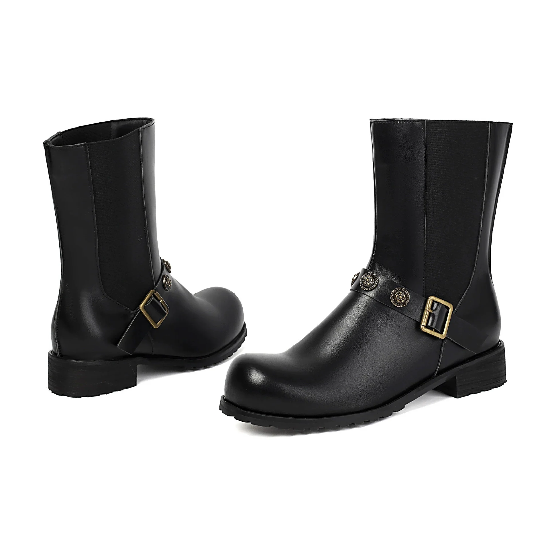 

Men's Smooth Mid-Calf Biker Boots Bronze Buckle Metal Button Strap Round Toe Low Block Heel Pull-On Gothic Motorcycle Footwear