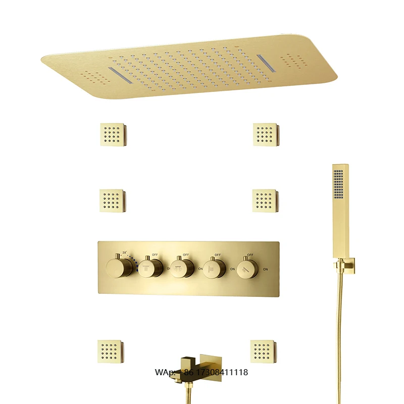 

Modern LED Wall Mount Shower Set Slide Bar Brushed Brass Finish Waterfall Rainfall Spray Pause Function Contemporary Design