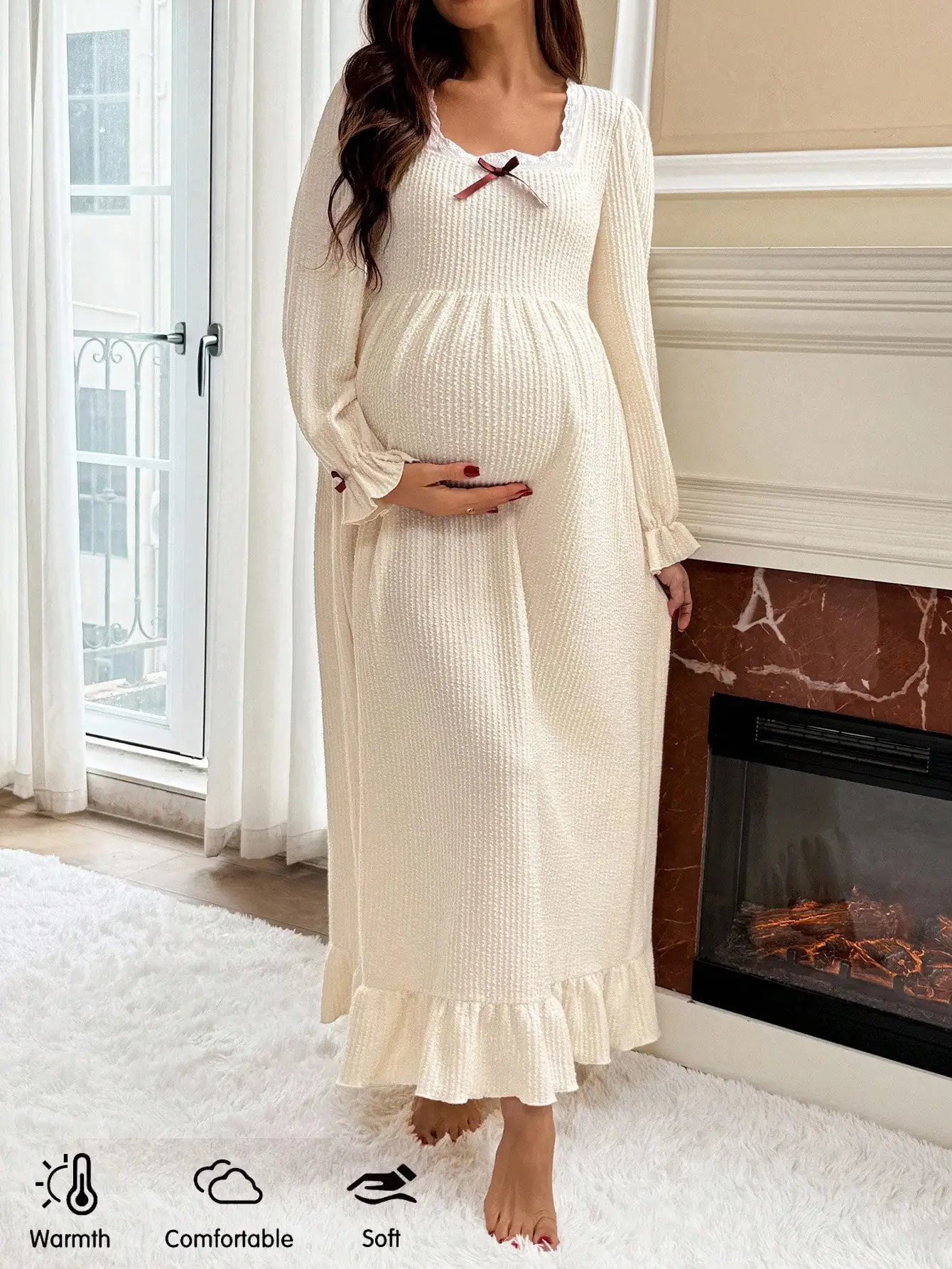 

Кремовая однотонная ночная рубашка для беременных с длинными рукавами, кружевной отделкой и оборками по низу