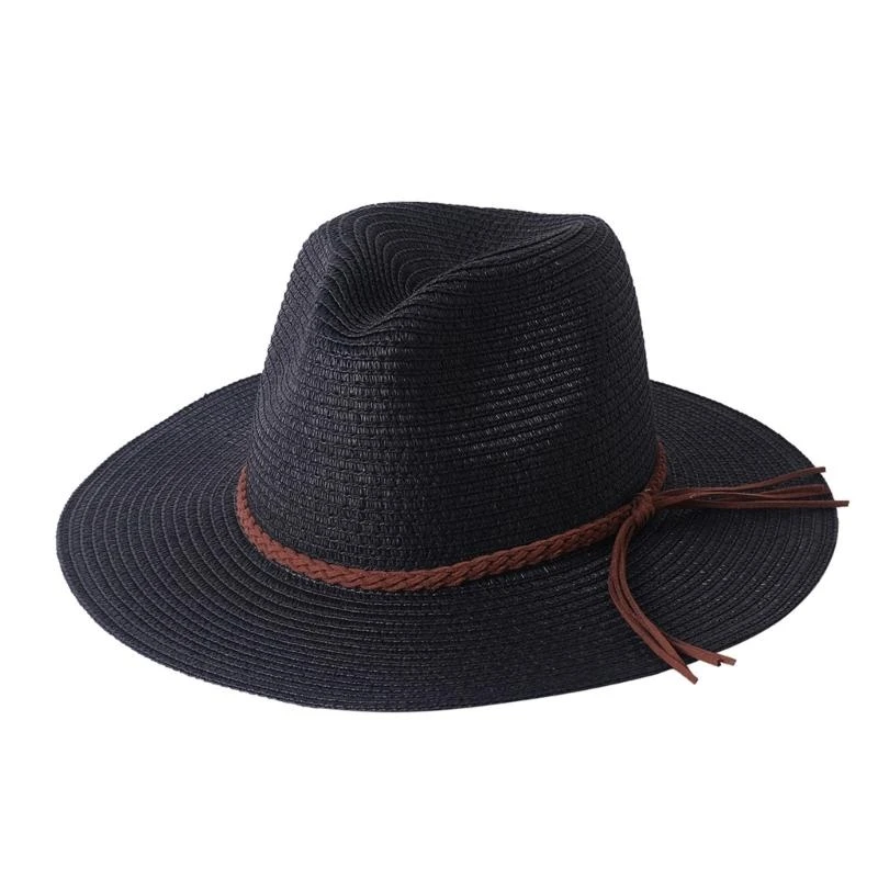 

652F Homburg Cowboy Hats with Braided Belt Tassels Knight Hat Straw Top Hat Elegant Porkpie Hat for Boy Men Straw Hat