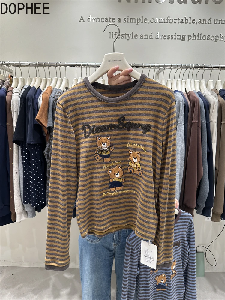

Женская футболка с длинным рукавом, новая осенне-зимняя вышивка в полоску с медведями, тонкие базовые футболки, универсальные хлопковые топы с круглым вырезом