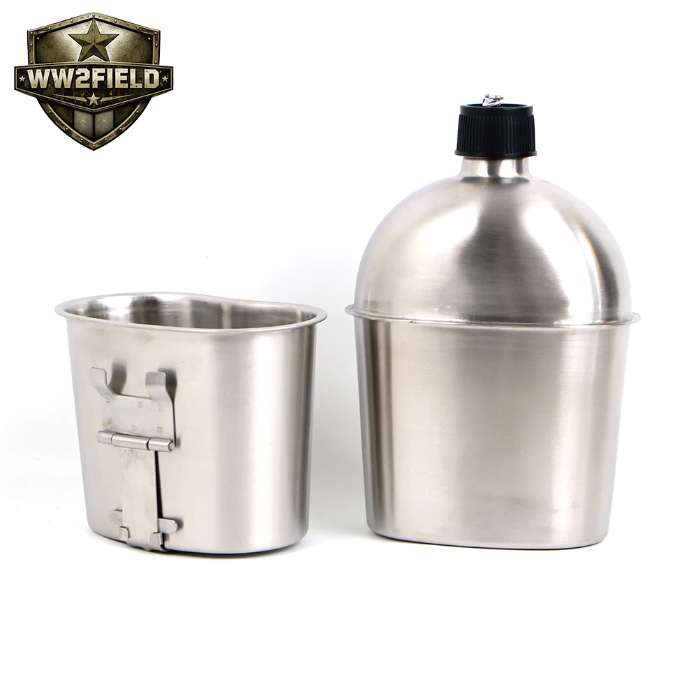 WW2 US Stainless Steel Canteen 1L Outdoor Camping Canteen with Mess Kit Stainless Steel Military Water Kettle A66
