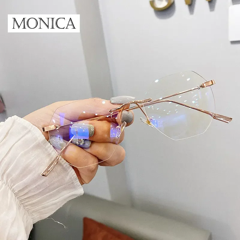 Fashion Rimless Glasses Women Retro Anti-blue Light Computer Eyeglasses Transparent Clear Lens Vintage Metal Polygon Spectacle