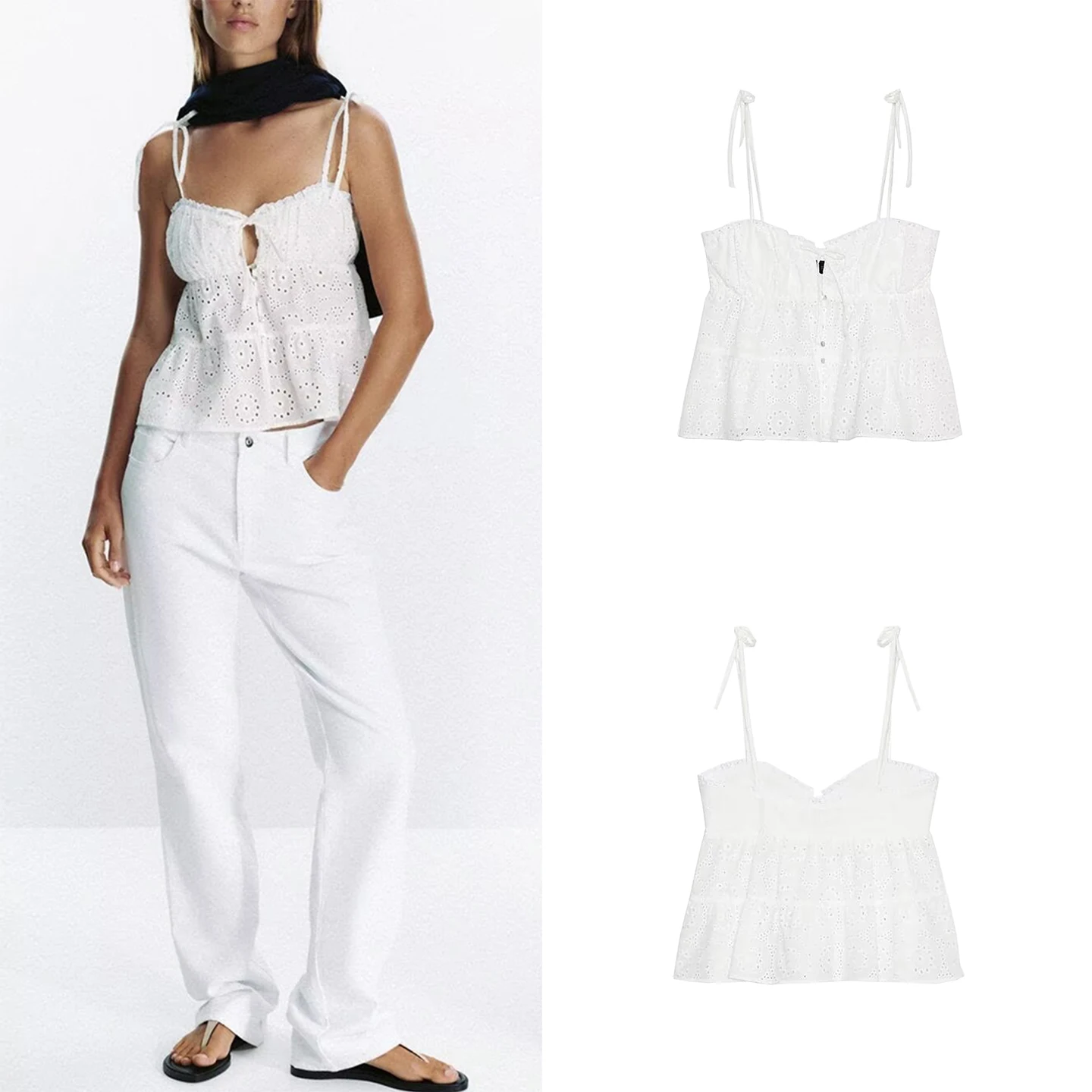 

Ele Embroidered Casual Top Women's Sle Hollow out Design Summer New Arrival Polyester Fiber Slim Fit Inner Wear