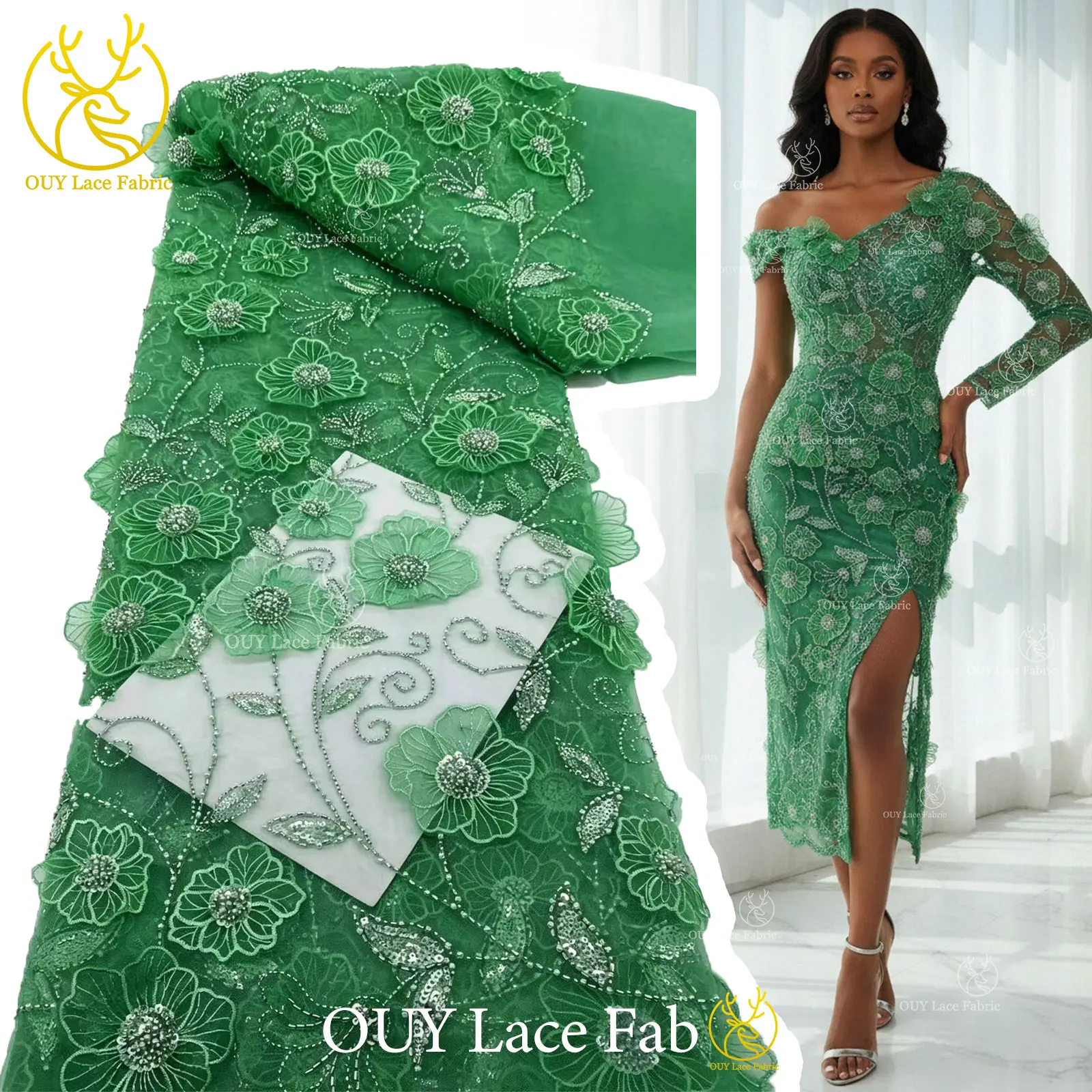 Eleganter nigerianischer 3D-Blumen-Stickerei-Spitzenstoff 2026 Hochwertiger afrikanischer Perlen-Pailletten-Spitzenstoff für Abendkleider – Detail 7