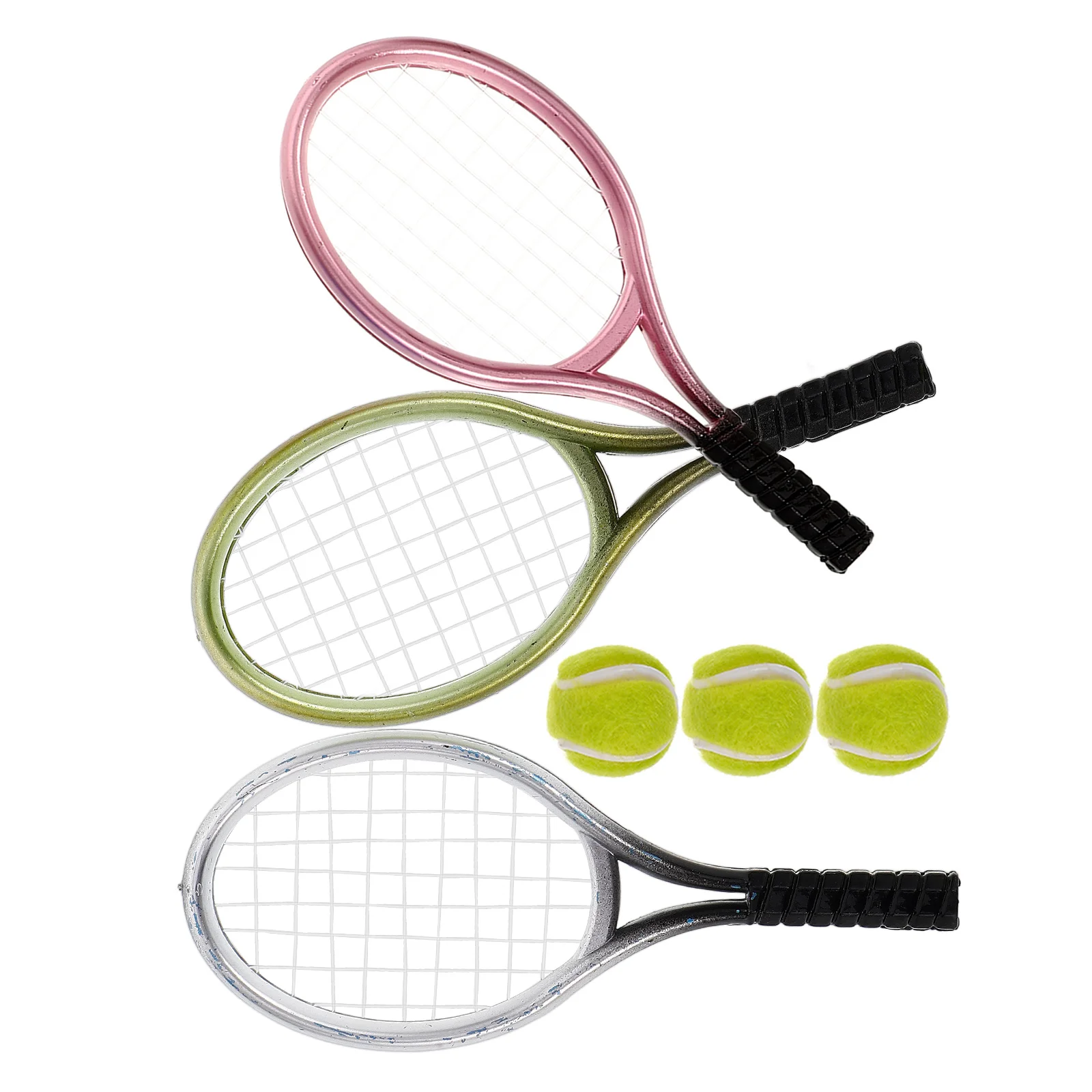 

3 Mini Tennis Racket Keychains 3 Balls Plastic Lightweight Decorative Sports Ornaments Miniature Tennis Props for Bedroom Living