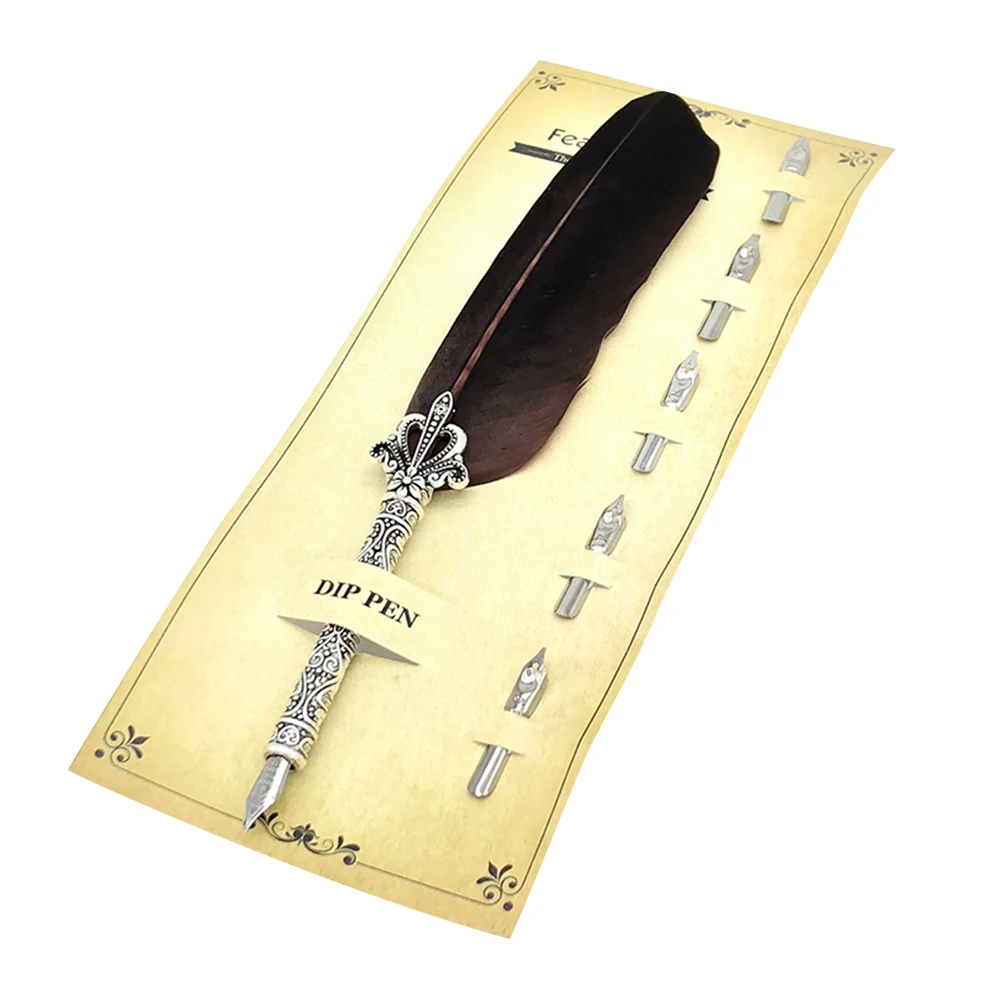 Pióro kaligraficzne z piórką do pisania, 5 stalówek, atrament do pisania, pióro wieczne, retro art