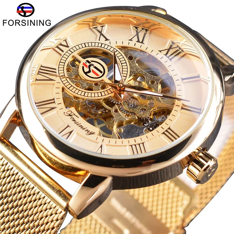 Forsining 99C Design Black Silver Automatic Manual Winding Watch Steel Clock Luminous Men Business Mechanical Wristwatch