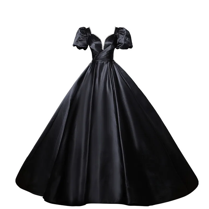 2025 Abito da sera in raso con scollo quadrato nero elegante da donna nuovo autunno 2025 Abito da banchetto dimagrante alla moda con grande pendente da socialite