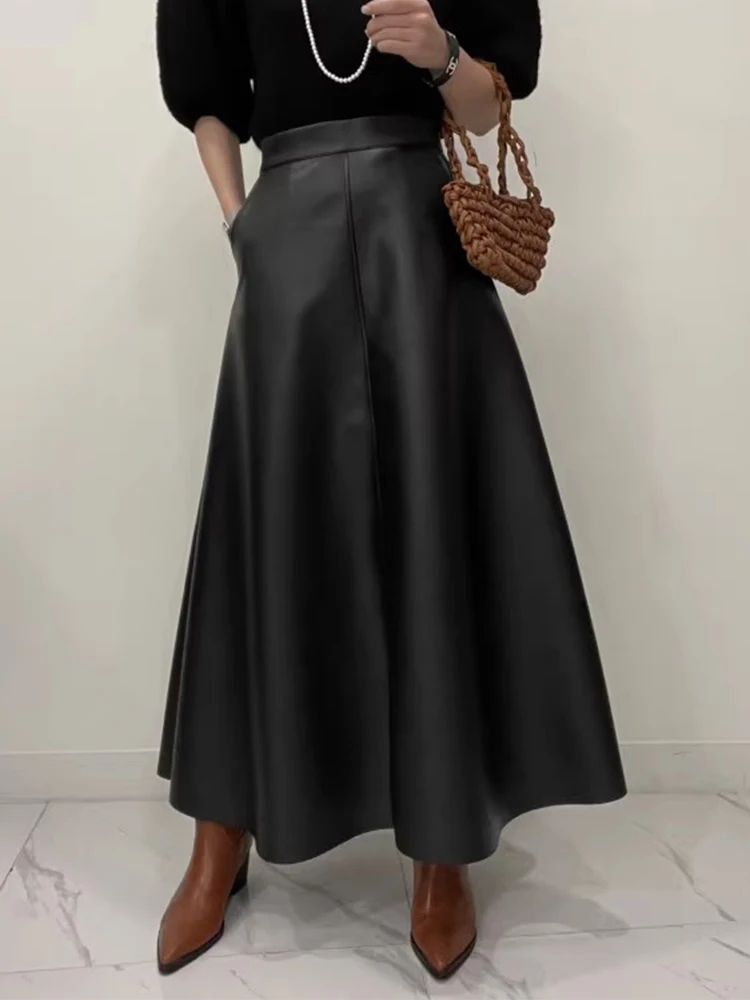 Chic High Waist A-Line Long Skirt PU Leather Slimming Half Body Swinging Skirts for Women Commute Style Autumn Collection