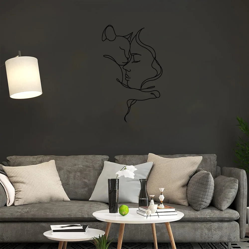 Decorative Metal Wall Hangings of Cute Cat and Woman: Black Cat and Girl Silhouette for Cat Lovers' Homes