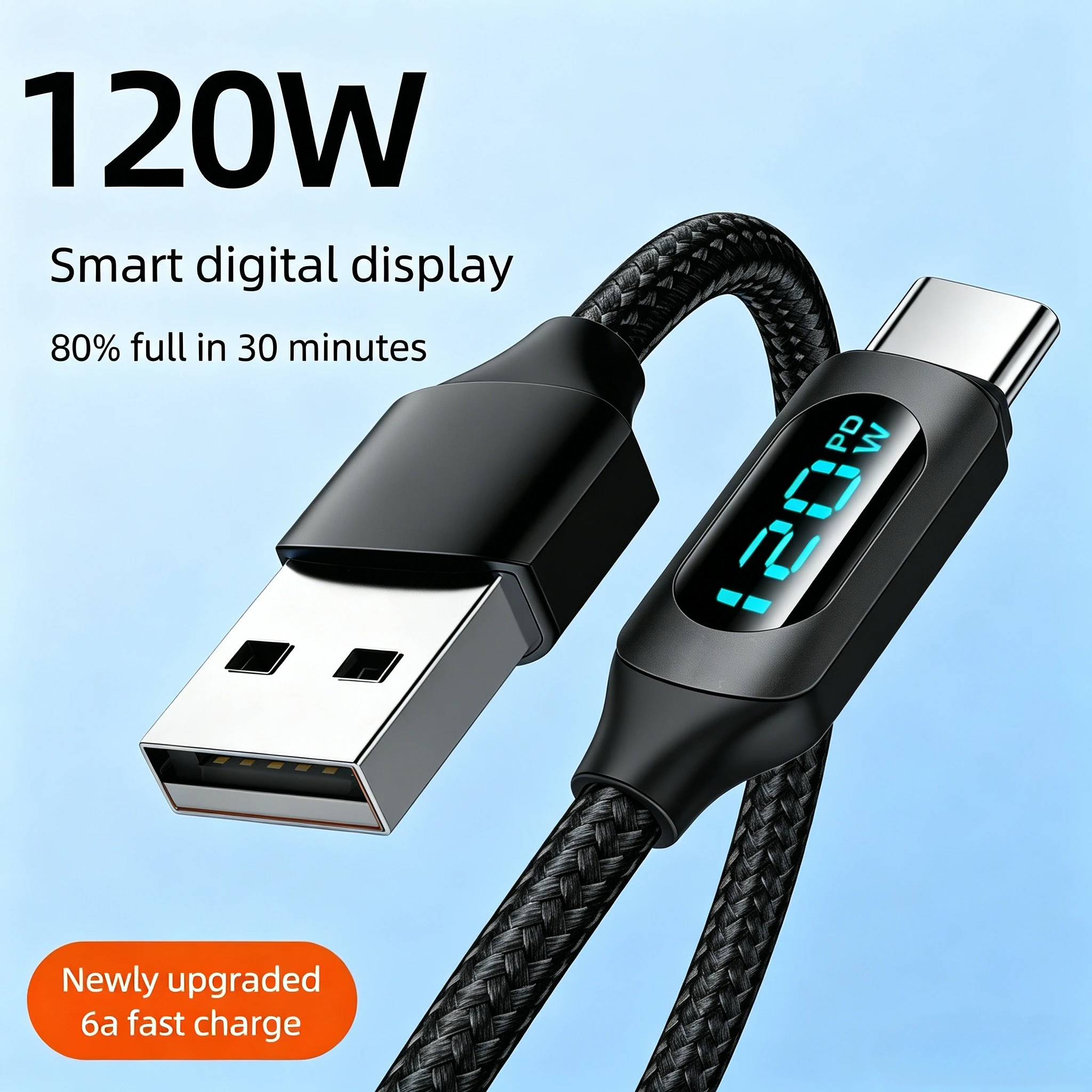 6A 120W USB-C Data Cable USB A To Type C Fast Charging Cord For iPhone Samsung Xiaomi Huawei Digital Display Quick Charge Cable