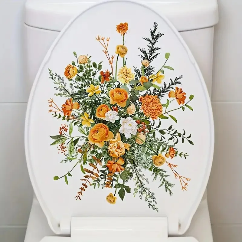 Yellow Flower Clusters Pattern Self-Adhesive Toilet Stickers,Wall Decal Removable, Reusable Vinyl Car Sticker for Toilet Lid