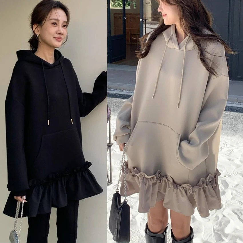 

Корейское весенне-осеннее худи с капюшоном, карманом-кенгуру, рюшами и вставками, повседневное, средней длины