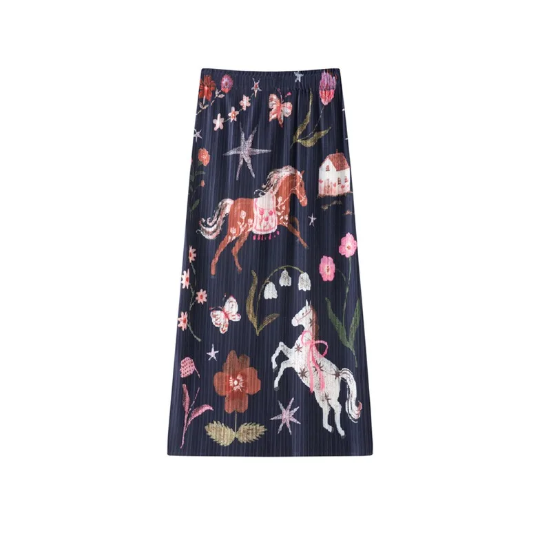 Miyake Pleated Niche Design Printed Pleated Casual Skirt for Women 2026 New Style Elegant Age-Reducing Mid-Length Skirt Pleat