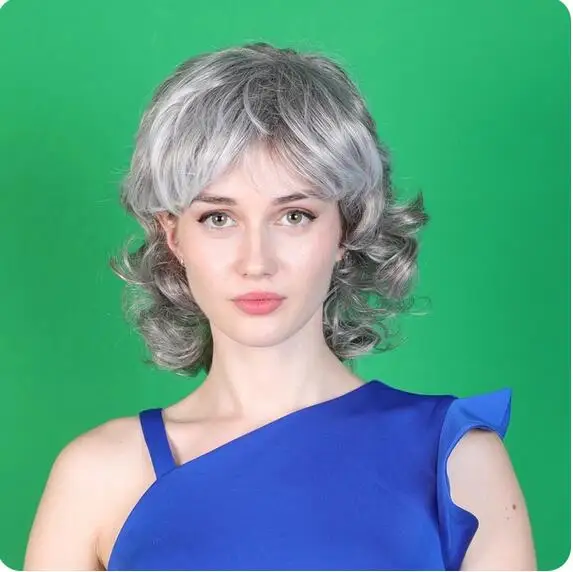 Women Synthetic Hair Short Curly Wigs with Bangs Brown Blonde Grey Wig for White Women