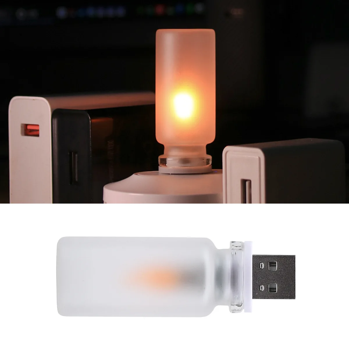 

5V USB LED Night Light with Realistic Flame Effect Touch Activation and Transparent Glass Body for Vehicle Use