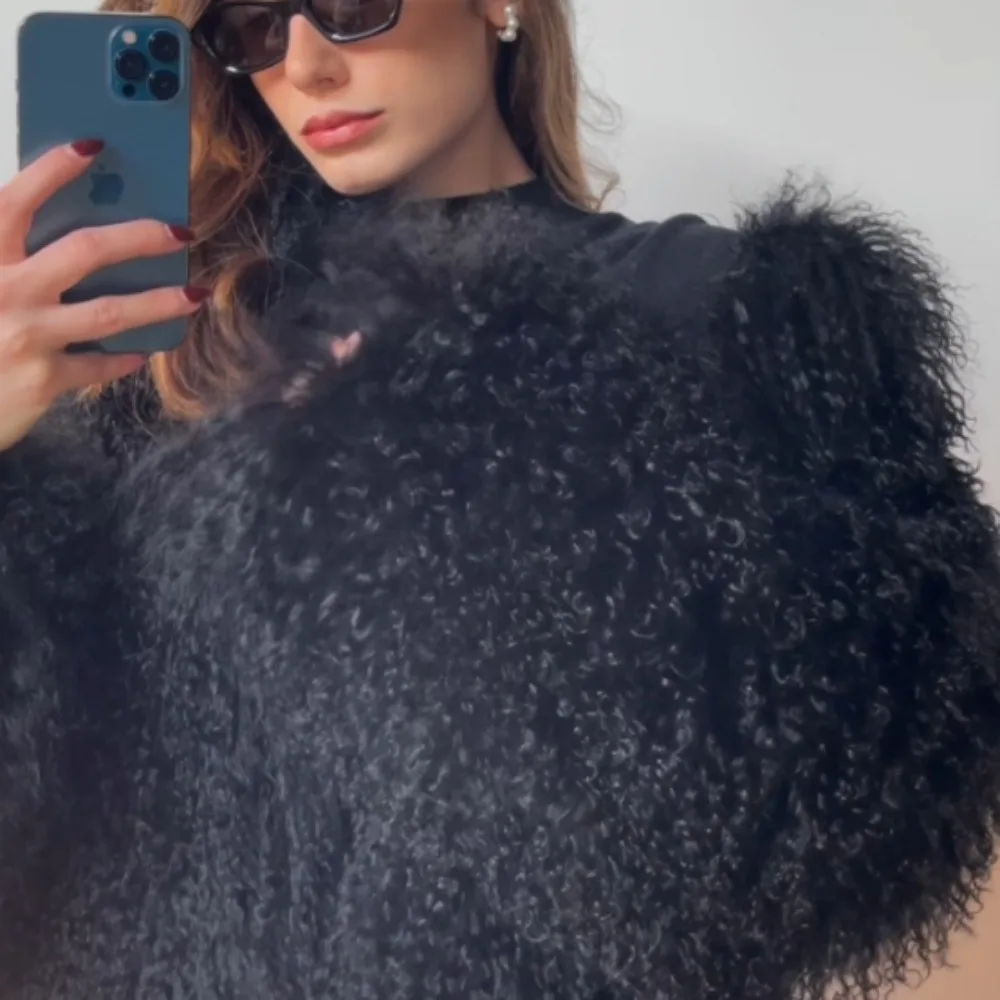 

Reality Fur Coat Fluffy Outerwear Real Mongolia Sheep Fur Jacket Spring Winter Tibet Sheep Fur Jacket Women Long Sleeve O-neck