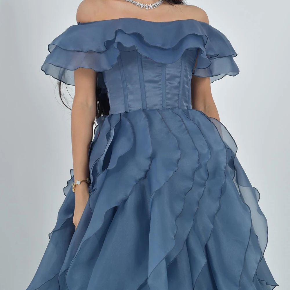 Vestido De noche elegante personalizado De gasa azul con hombros descubiertos, temperamento, cuello barco, corte en A, manga corta, Vestidos De Fiesta