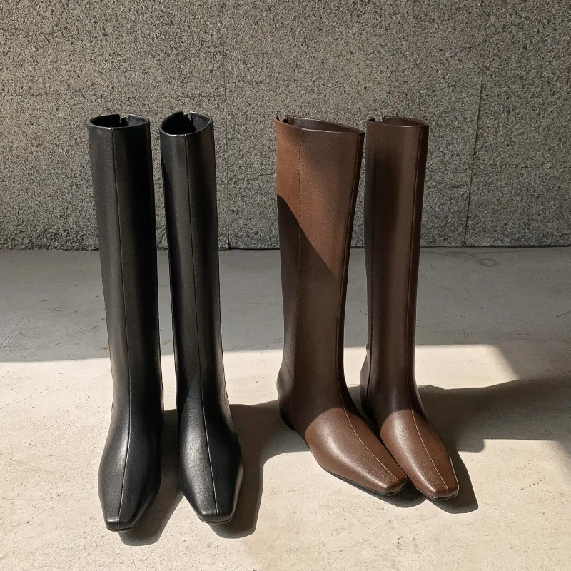 Square Toe Knee High Boots Leather Sewing Classic Flat Long Boots Classic Back Zip Autumn Sexy Ladies Daily Casual Shoes